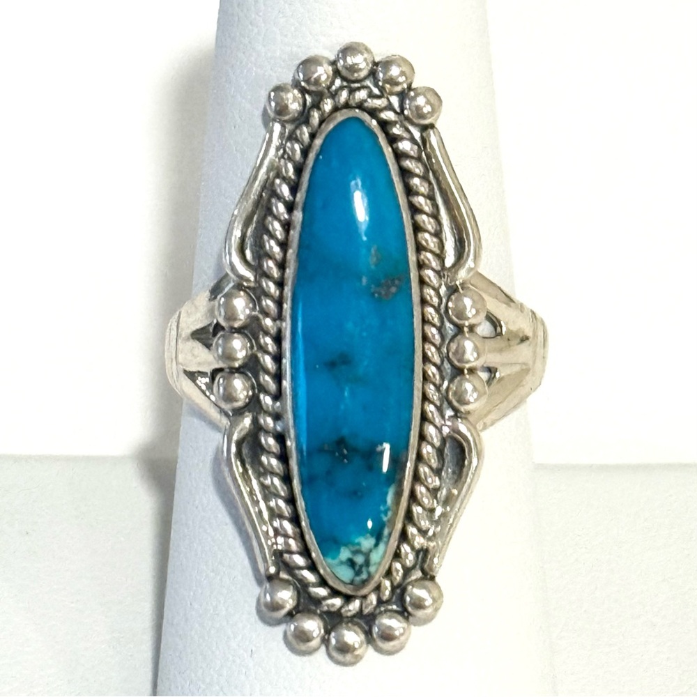 Vintage Bell Trading Post Native American Turquoise Sterling Silver Ring Long